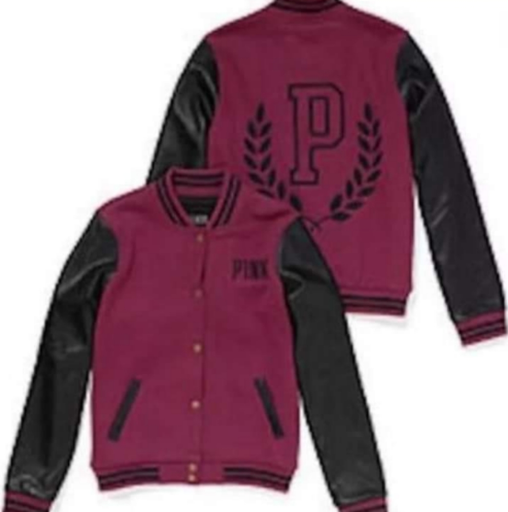 Pink leather varsity jacket